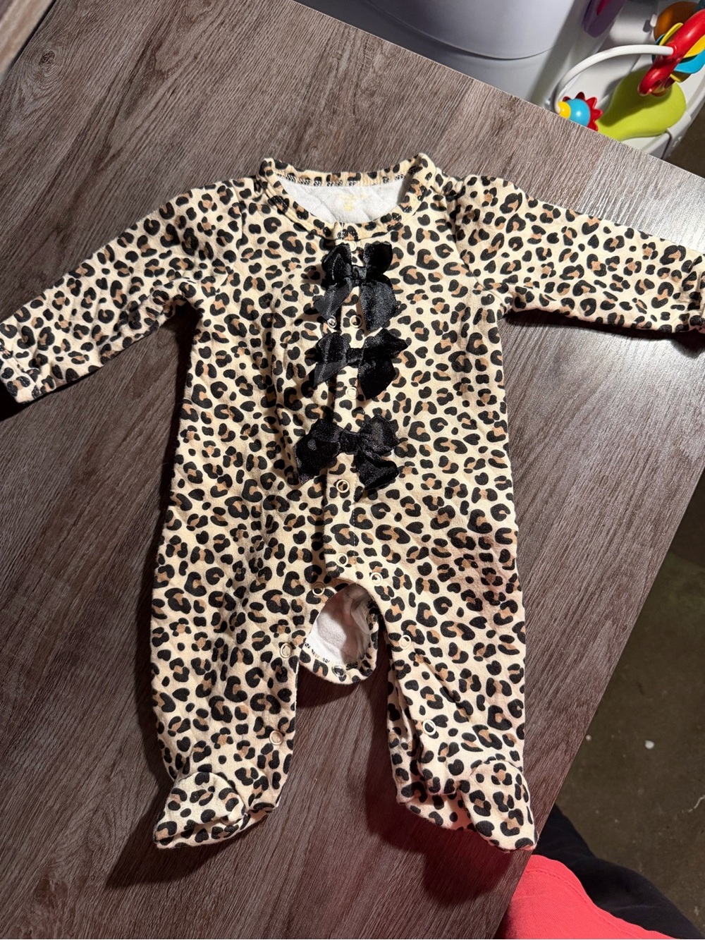 Tahari Leopard Print Footed One-Piece with Black Bow Trim
